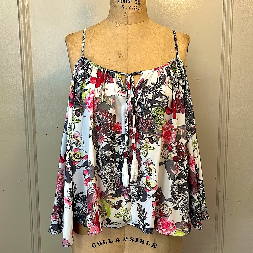 Floral Off-Shoulder Tank Top with Tassel Tie - White/Pink
